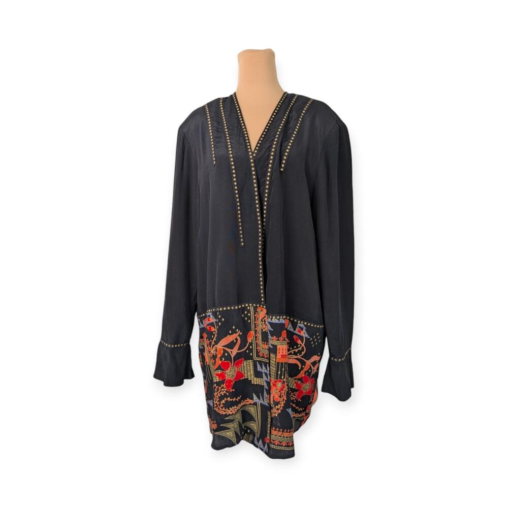 Elegant Long Open-Front Jacket with Art Deco Print